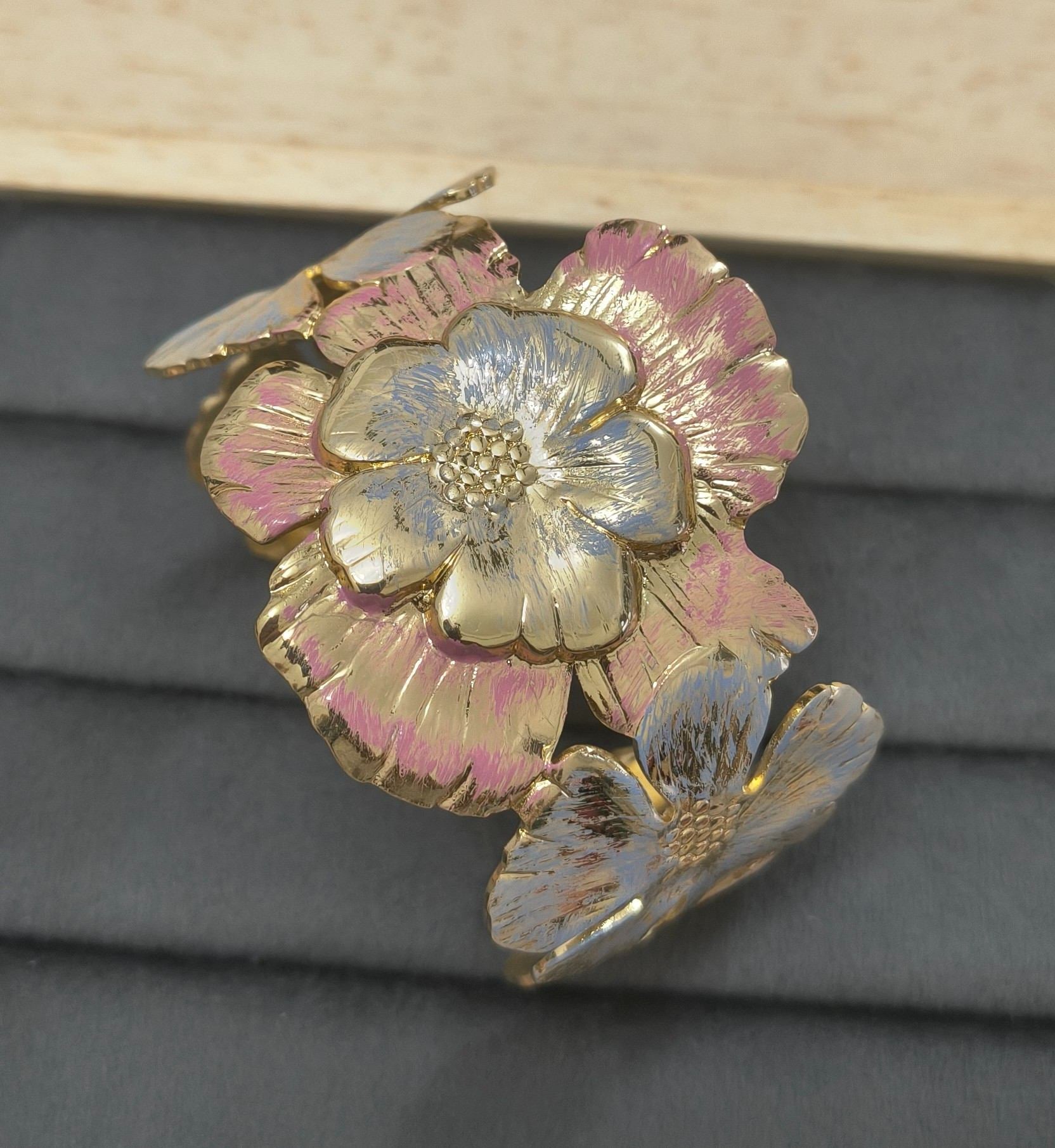 Anti Tarnish Cuff Bracelet Enamel Hibiscus 18K Gold Plated