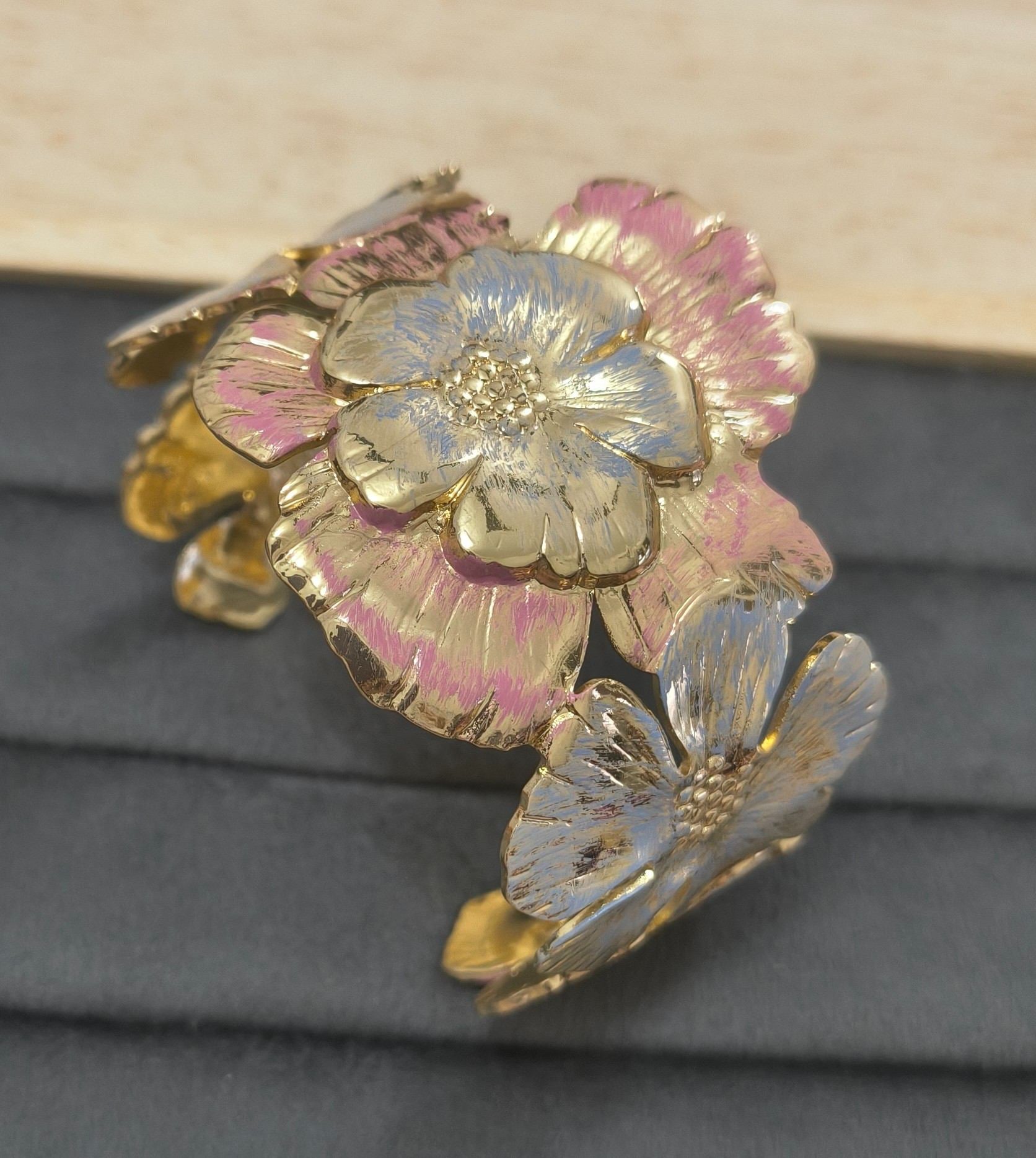 Anti Tarnish Cuff Bracelet Enamel Hibiscus 18K Gold Plated