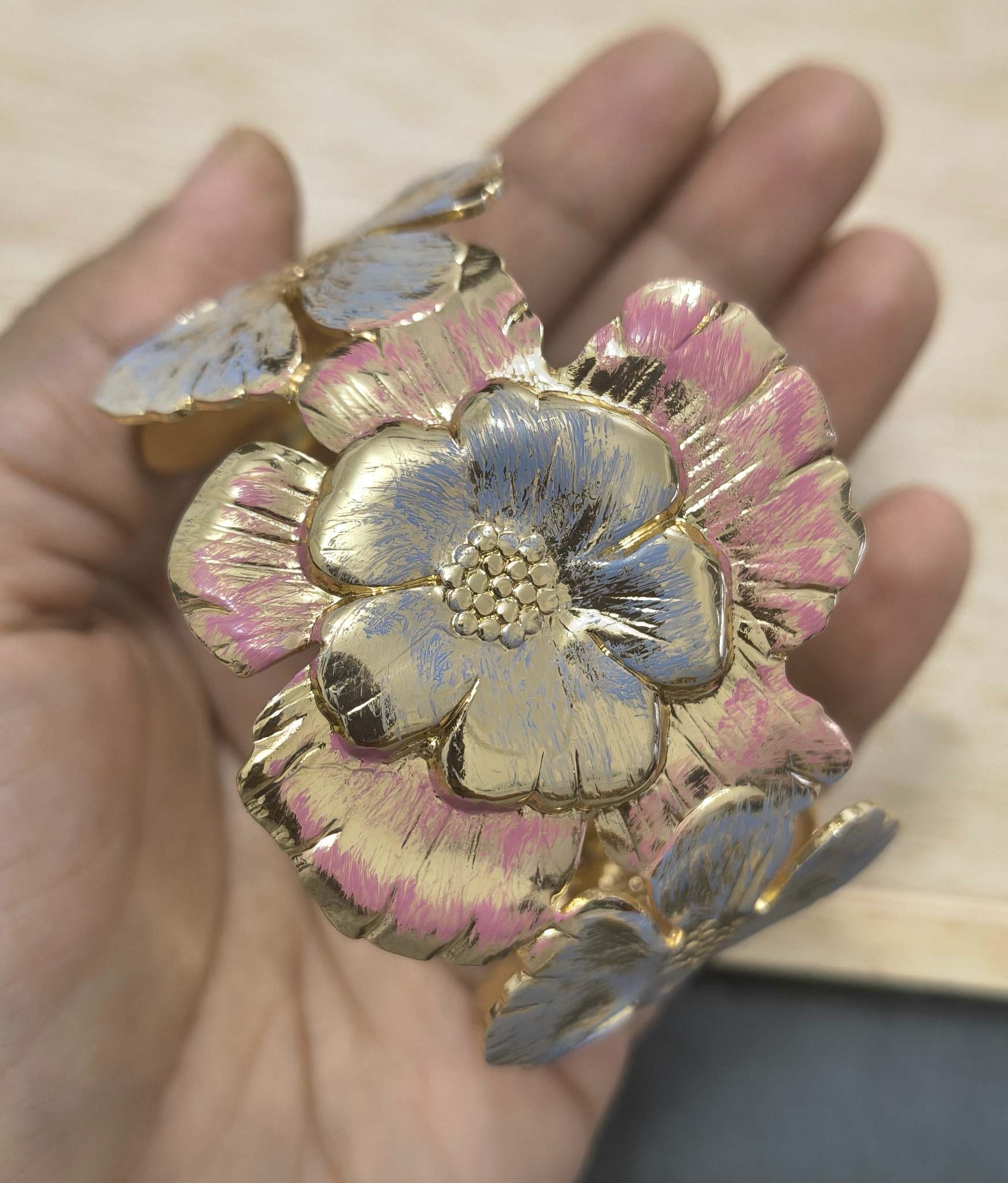 Anti Tarnish Cuff Bracelet Enamel Hibiscus 18K Gold Plated