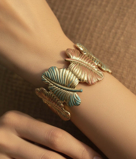 Antitarnish Cuff Bracelet Enamel Leaf Shape 18K Gold Plated