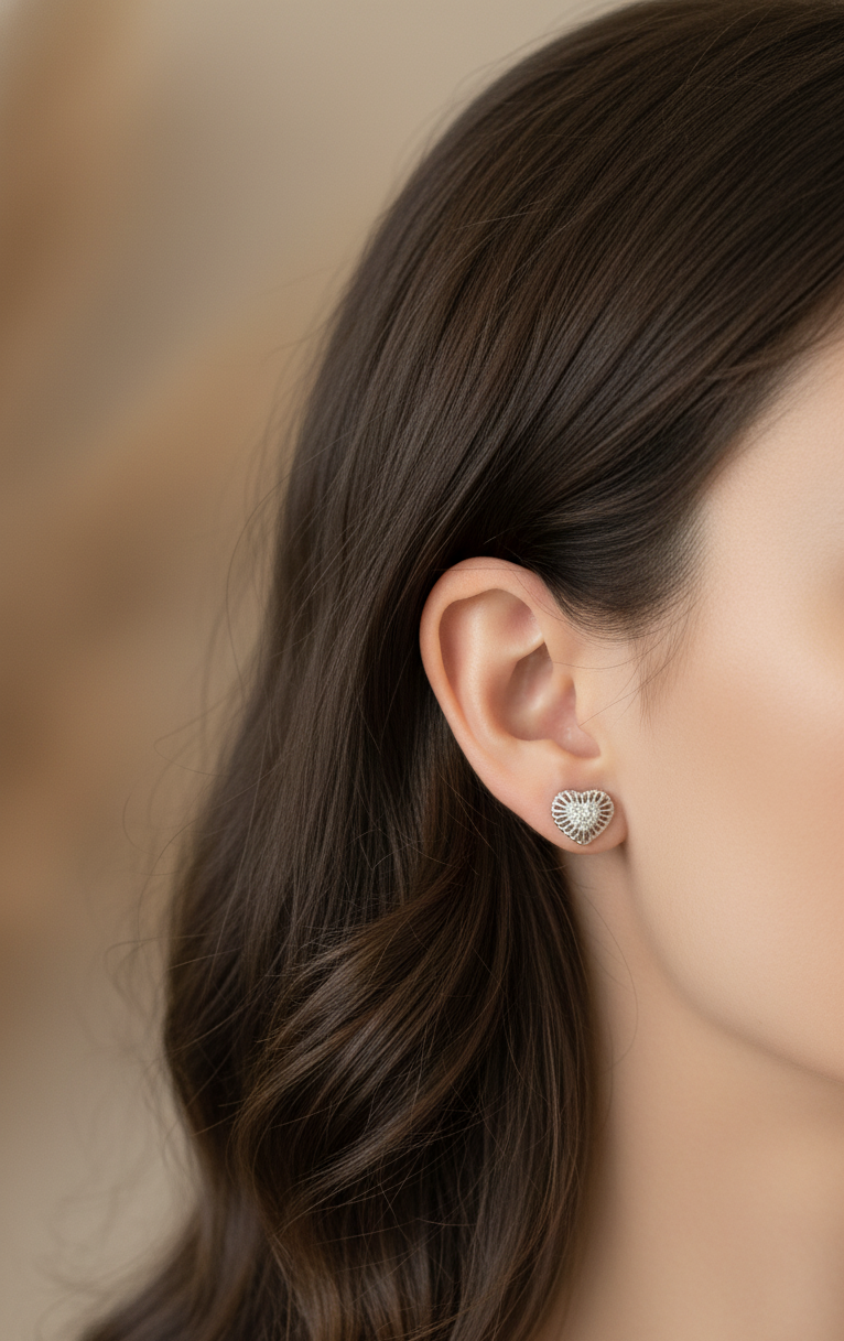 Anti Tarnish Cute Mini Heart Stud Earrings Silver Plated