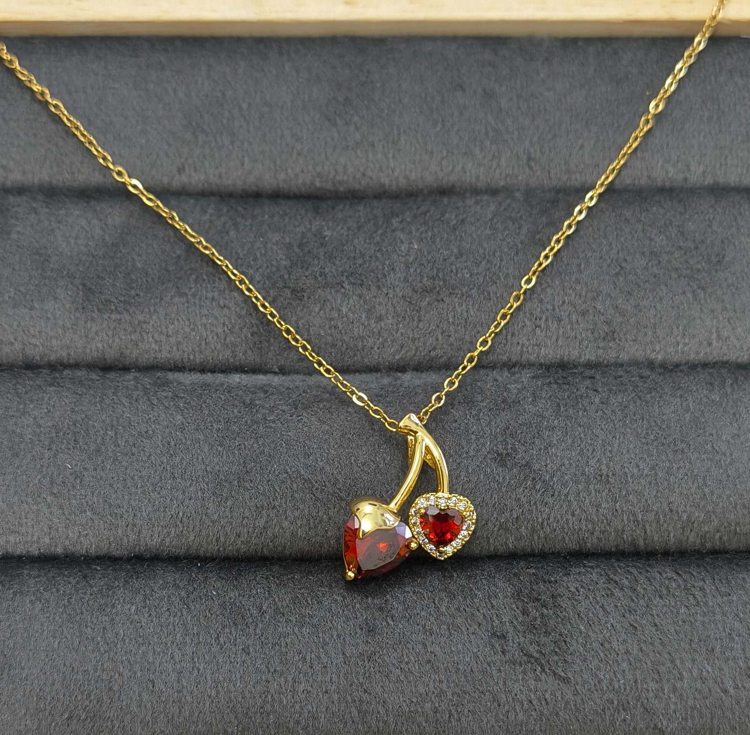 Anti Tarnish Cute Red Cherry Gold Necklace 18K Gold Plated