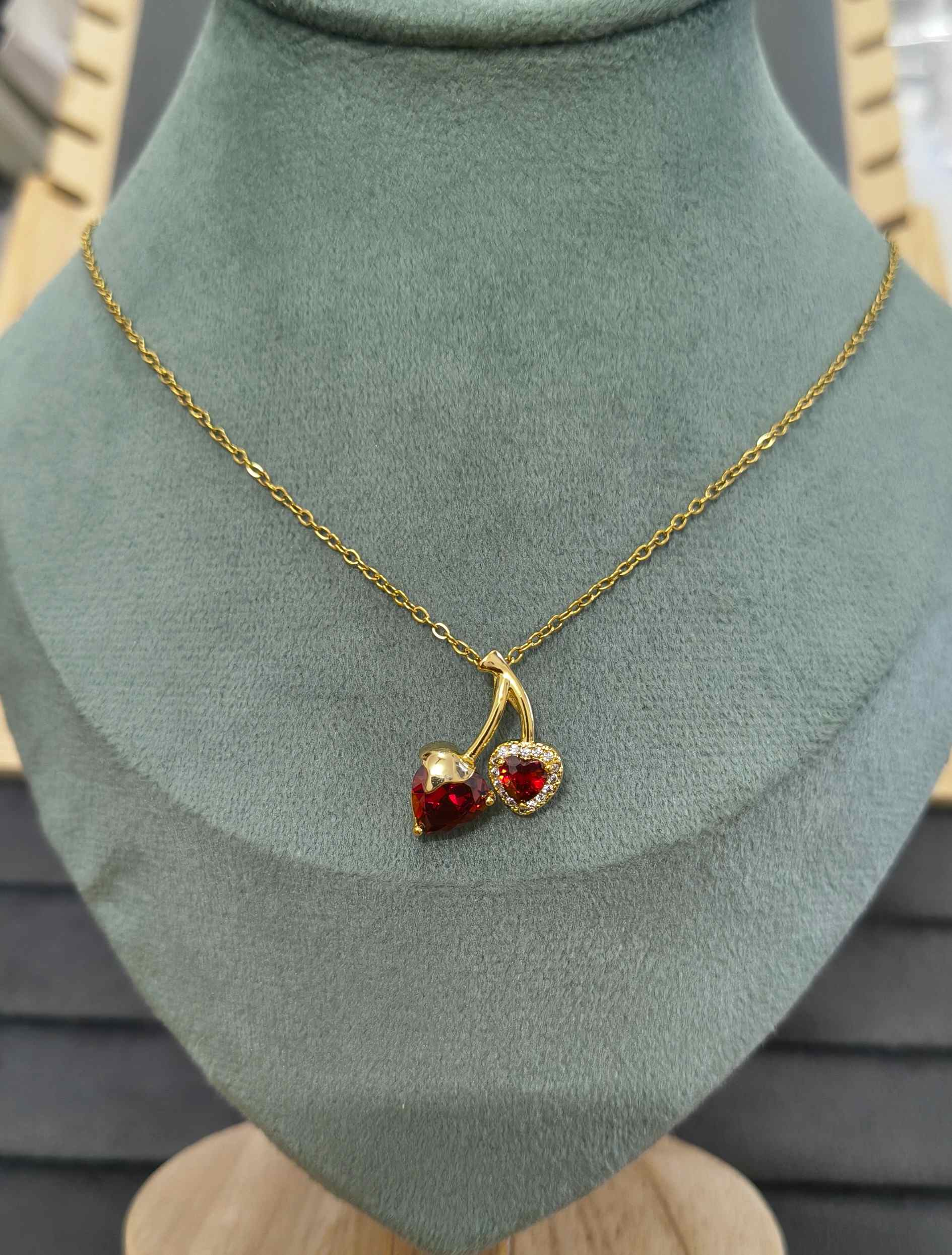 Anti Tarnish Cute Red Cherry Gold Necklace 18K Gold Plated