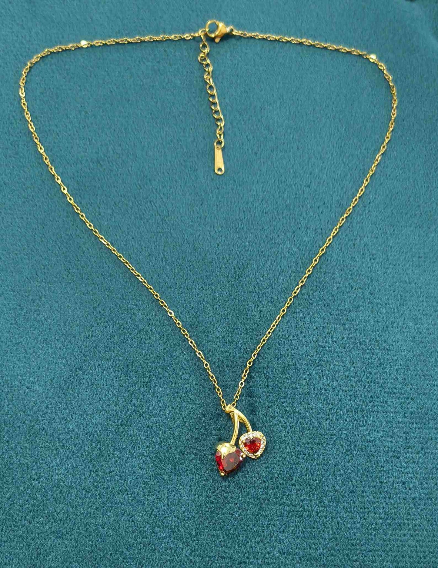 Anti Tarnish Cute Red Cherry Gold Necklace 18K Gold Plated
