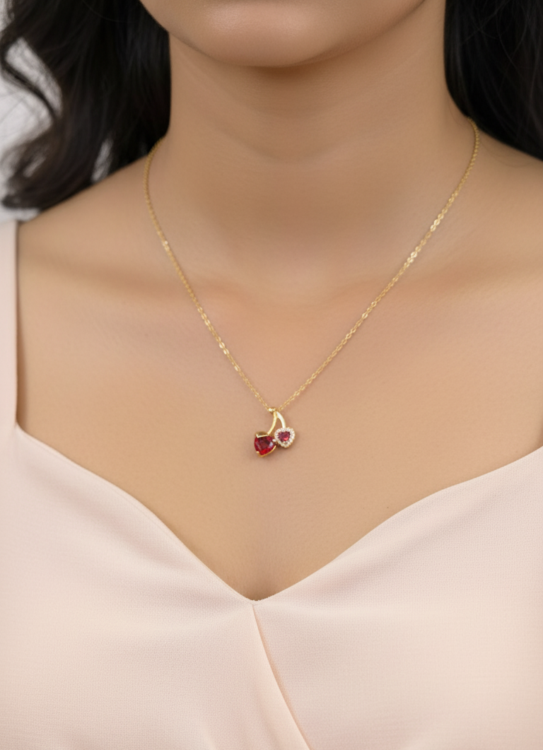 Anti Tarnish Cute Red Cherry Gold Necklace 18K Gold Plated