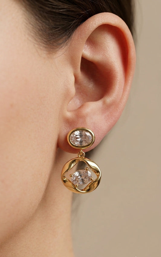 Anti Tarnish Dainty Diamond Dangler Earrings 18K Gold Plated