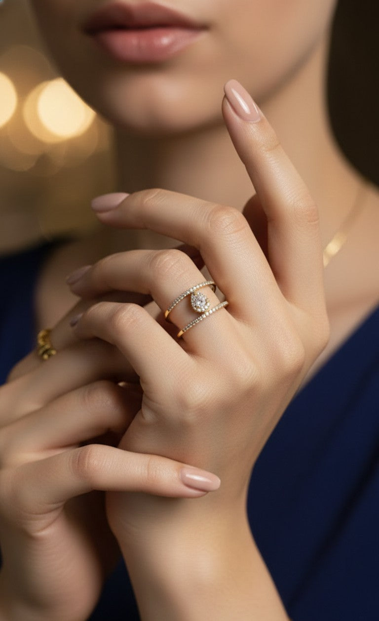 Anti Tarnish Dainty Diamond Ring Adjustable 18K Gold Plated