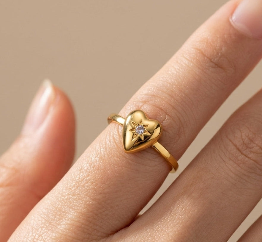 Anti Tarnish Dainty Heart Ring With Diamond 18K Gold Plated