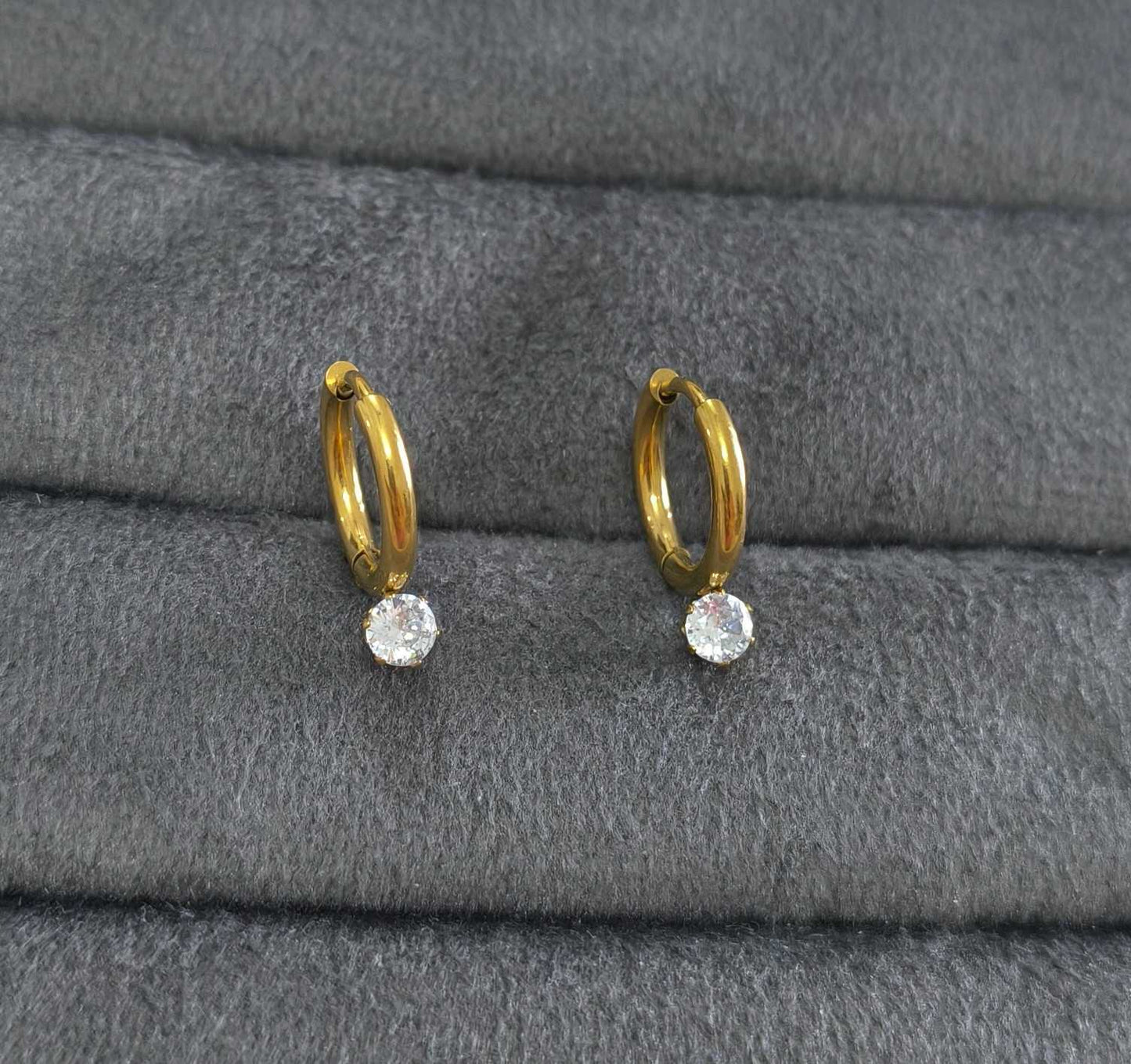 Anti Tarnish Dainty Solitaire Hoop Earrings 18K Gold Plated