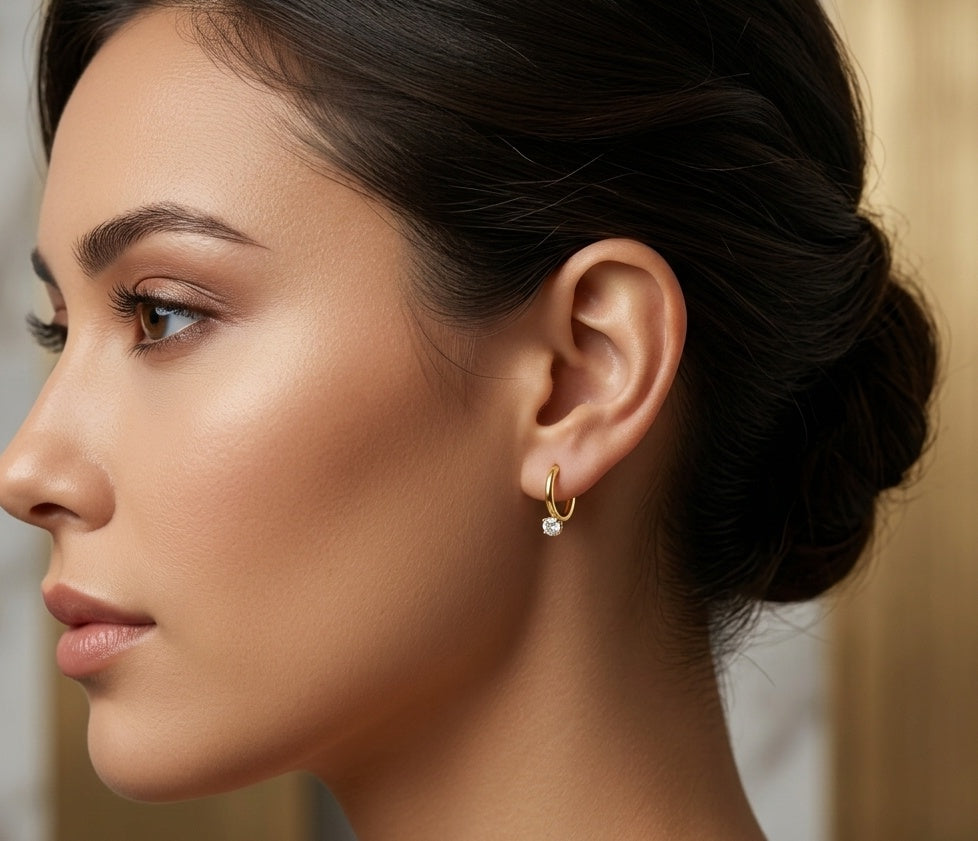 Anti Tarnish Dainty Solitaire Hoop Earrings 18K Gold Plated