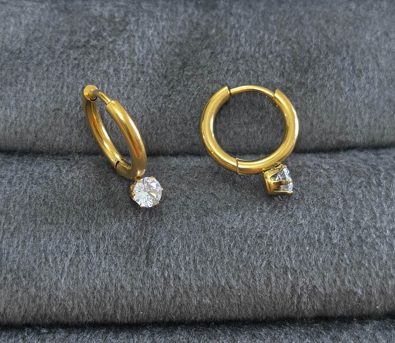 Anti Tarnish Dainty Solitaire Hoop Earrings 18K Gold Plated
