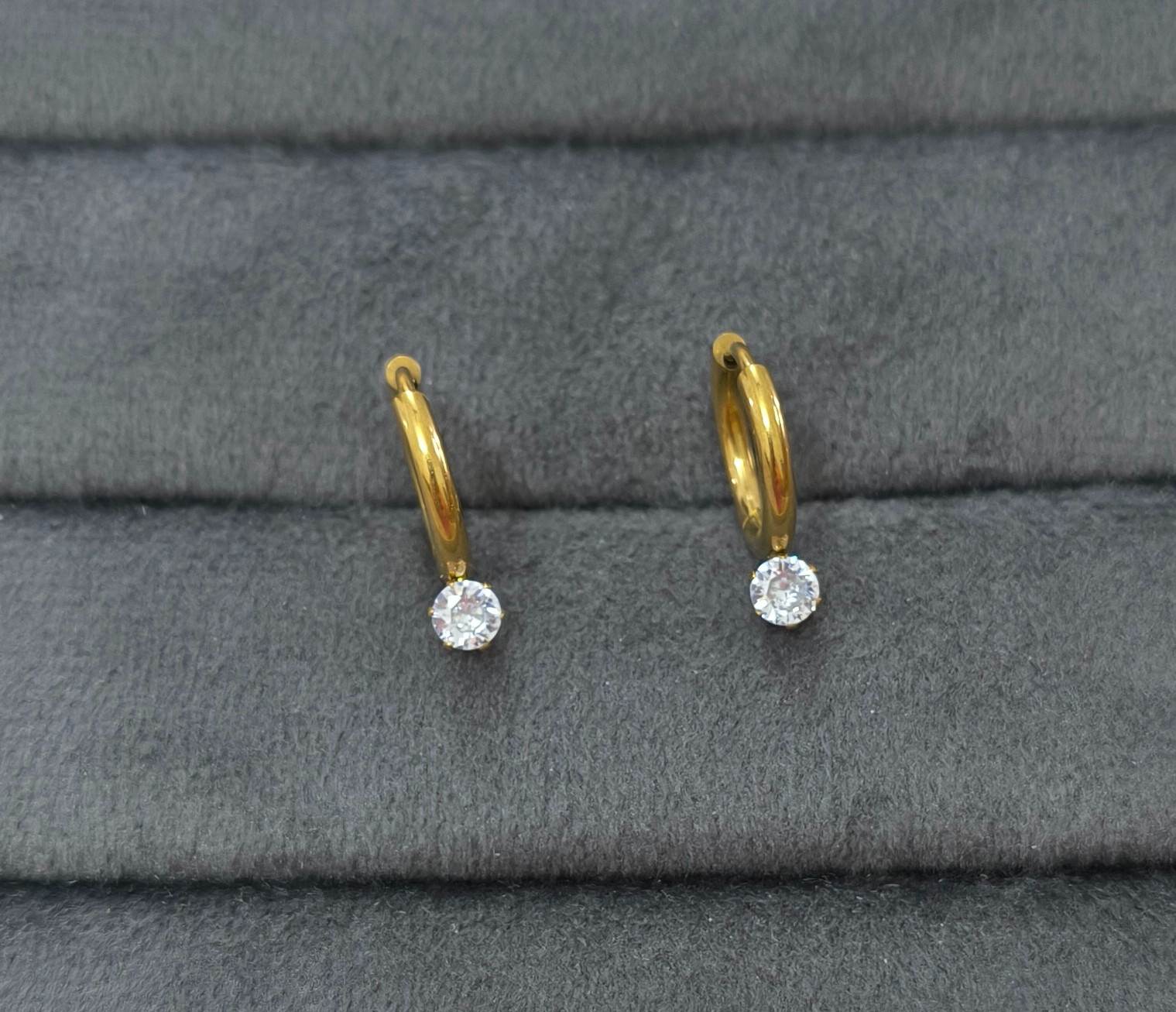Anti Tarnish Dainty Solitaire Hoop Earrings 18K Gold Plated