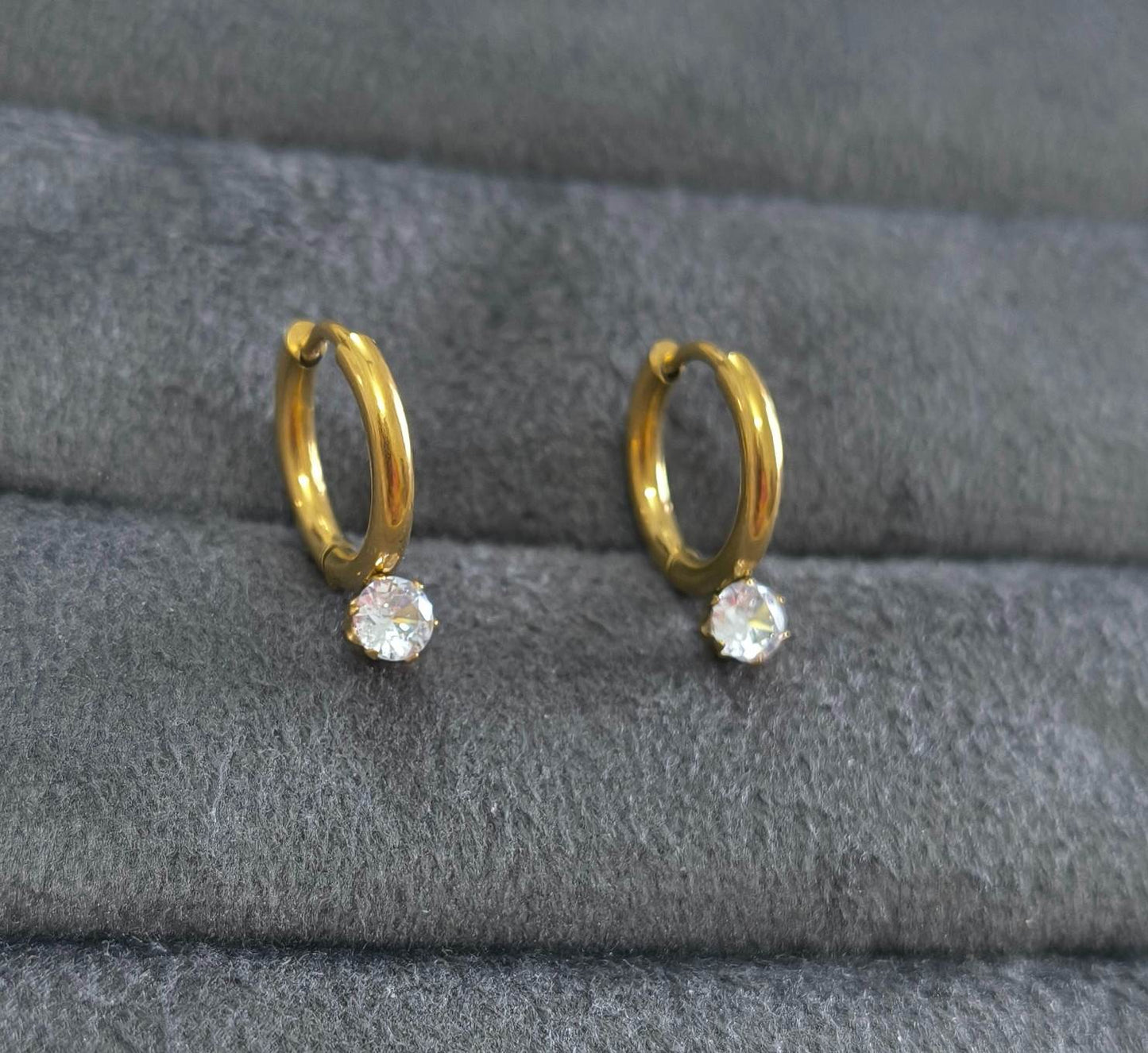 Anti Tarnish Dainty Solitaire Hoop Earrings 18K Gold Plated