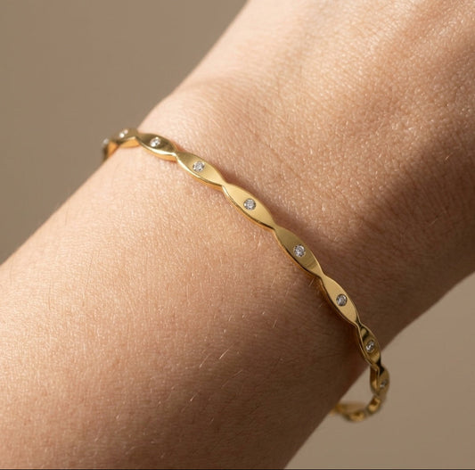 Anti Tarnish Dainty Stone Bangle Bracelet 18K Gold Plated