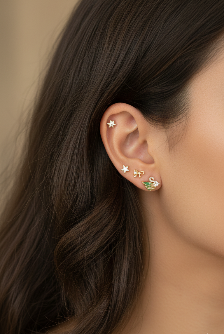 Anti Tarnish Dainty Swan Earrings Set of 3 18K Gold Plated