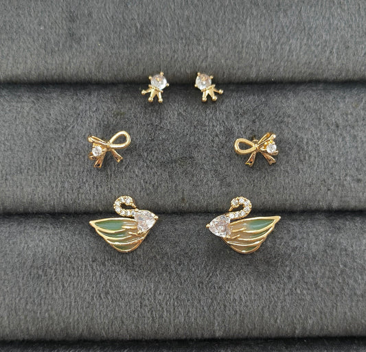 Anti Tarnish Dainty Swan Earrings Set of 3 18K Gold Plated
