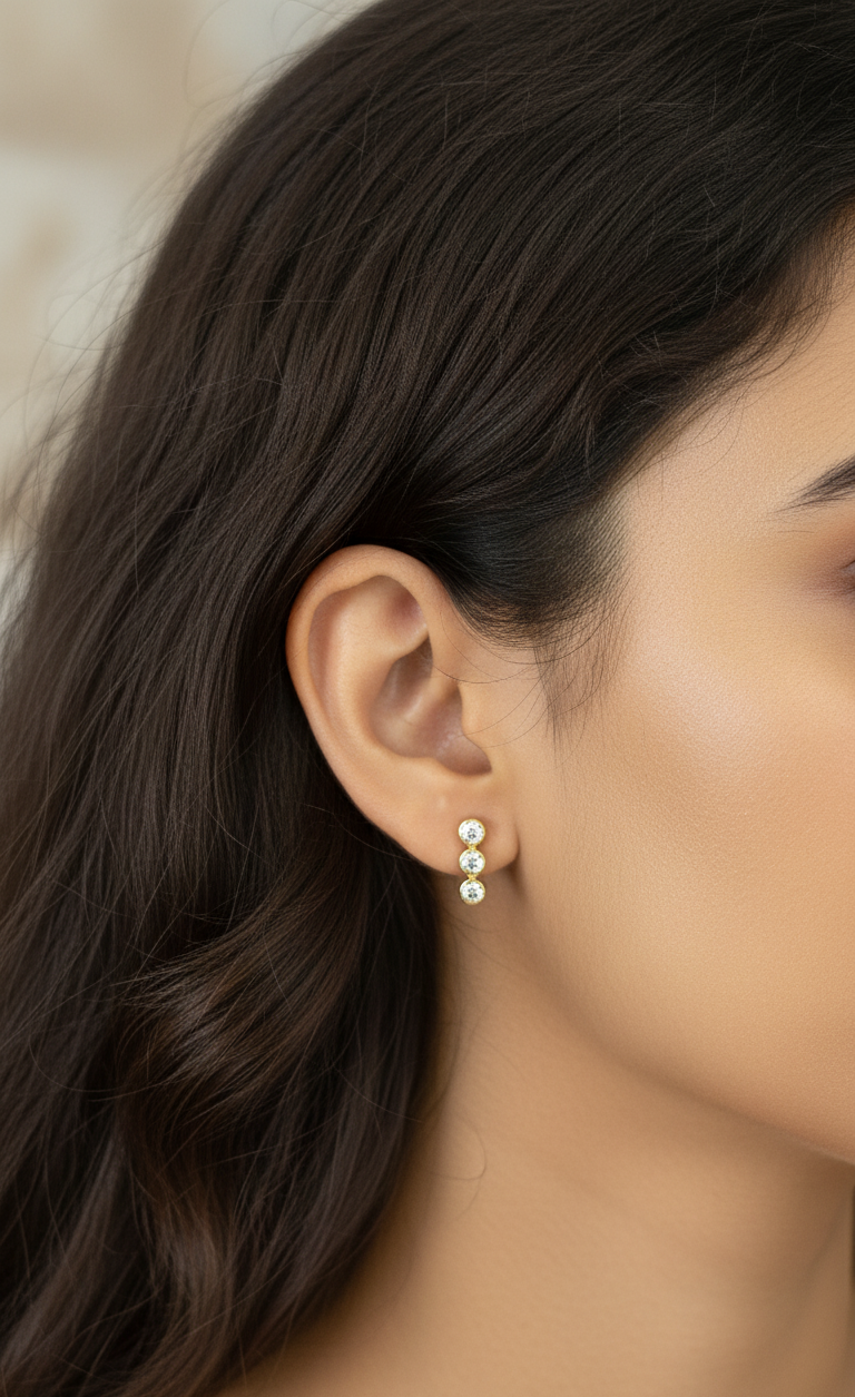 Anti Tarnish Dainty Three Solitaire Earrings 18K Gold Plated