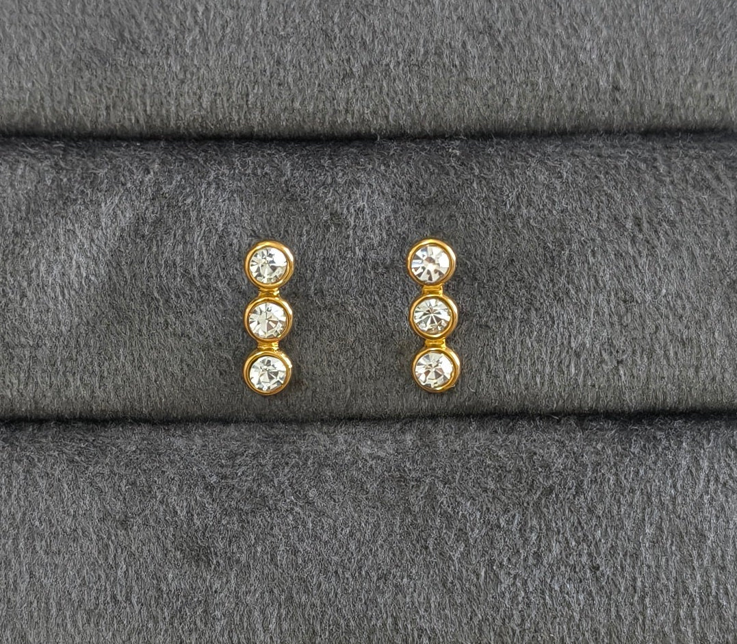 Anti Tarnish Dainty Three Solitaire Earrings 18K Gold Plated