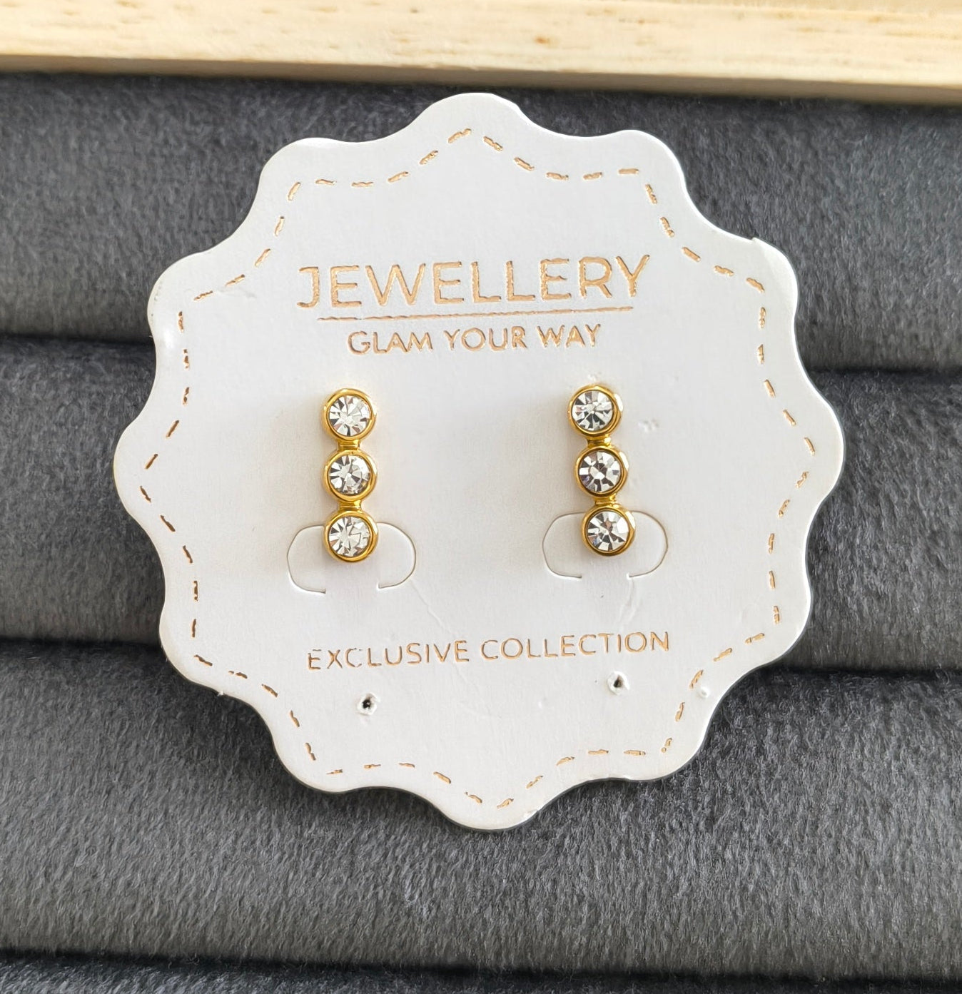 Anti Tarnish Dainty Three Solitaire Earrings 18K Gold Plated