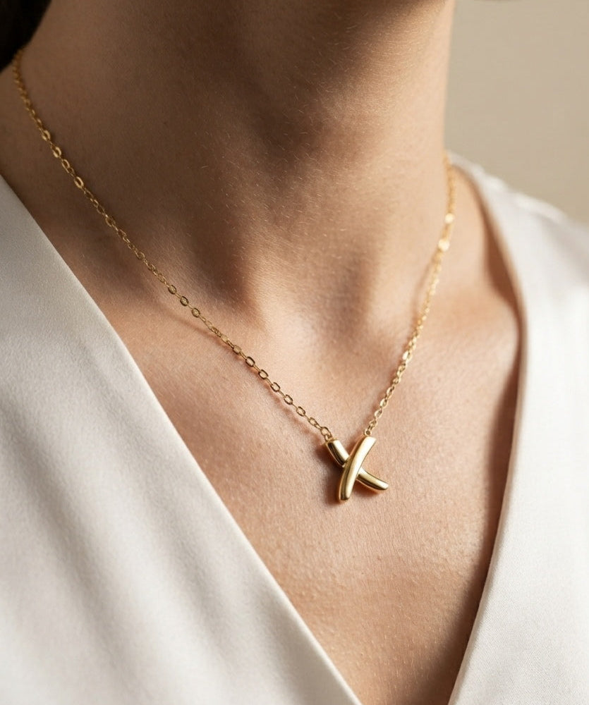 Anti Tarnish Dainty X Pendant Necklace 18K Gold Plated