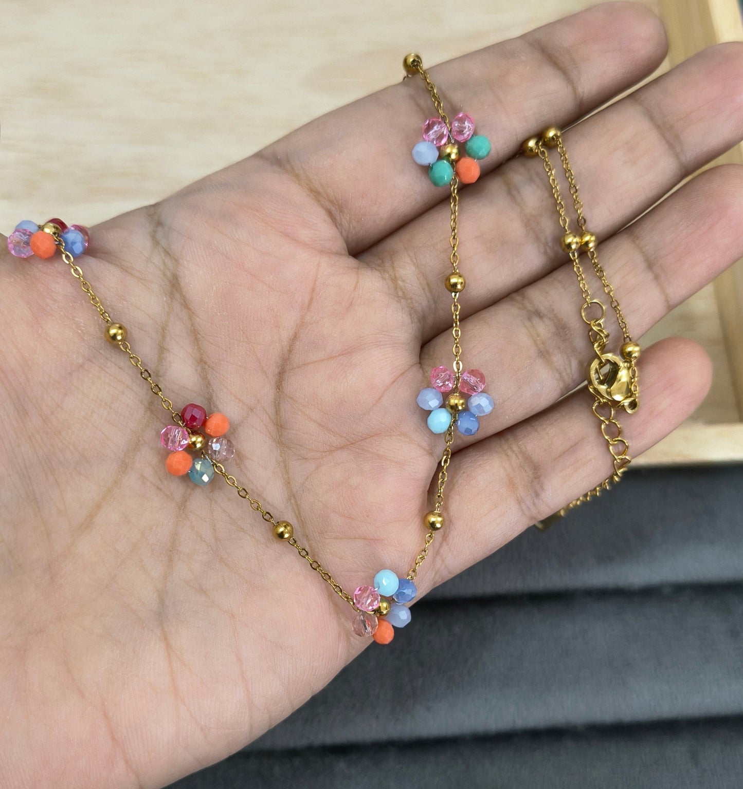 Anti Tarnish Daisy Multicolor Floral Necklace 18K Gold Plated