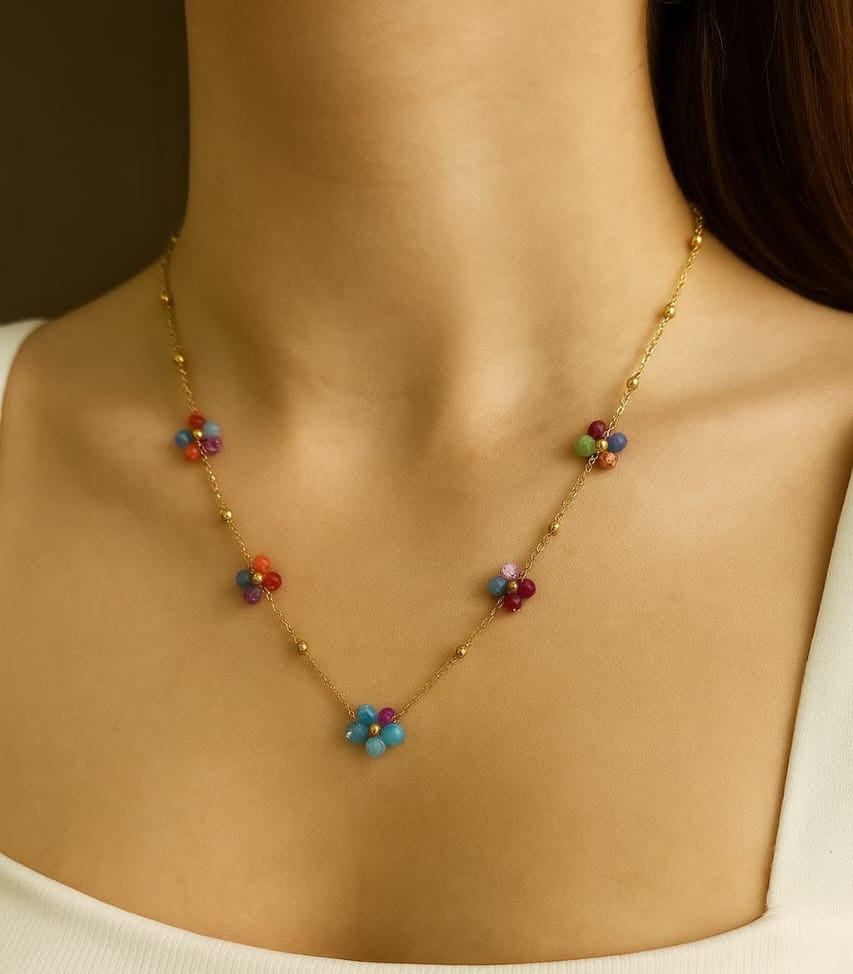Anti Tarnish Daisy Multicolor Floral Necklace 18K Gold Plated