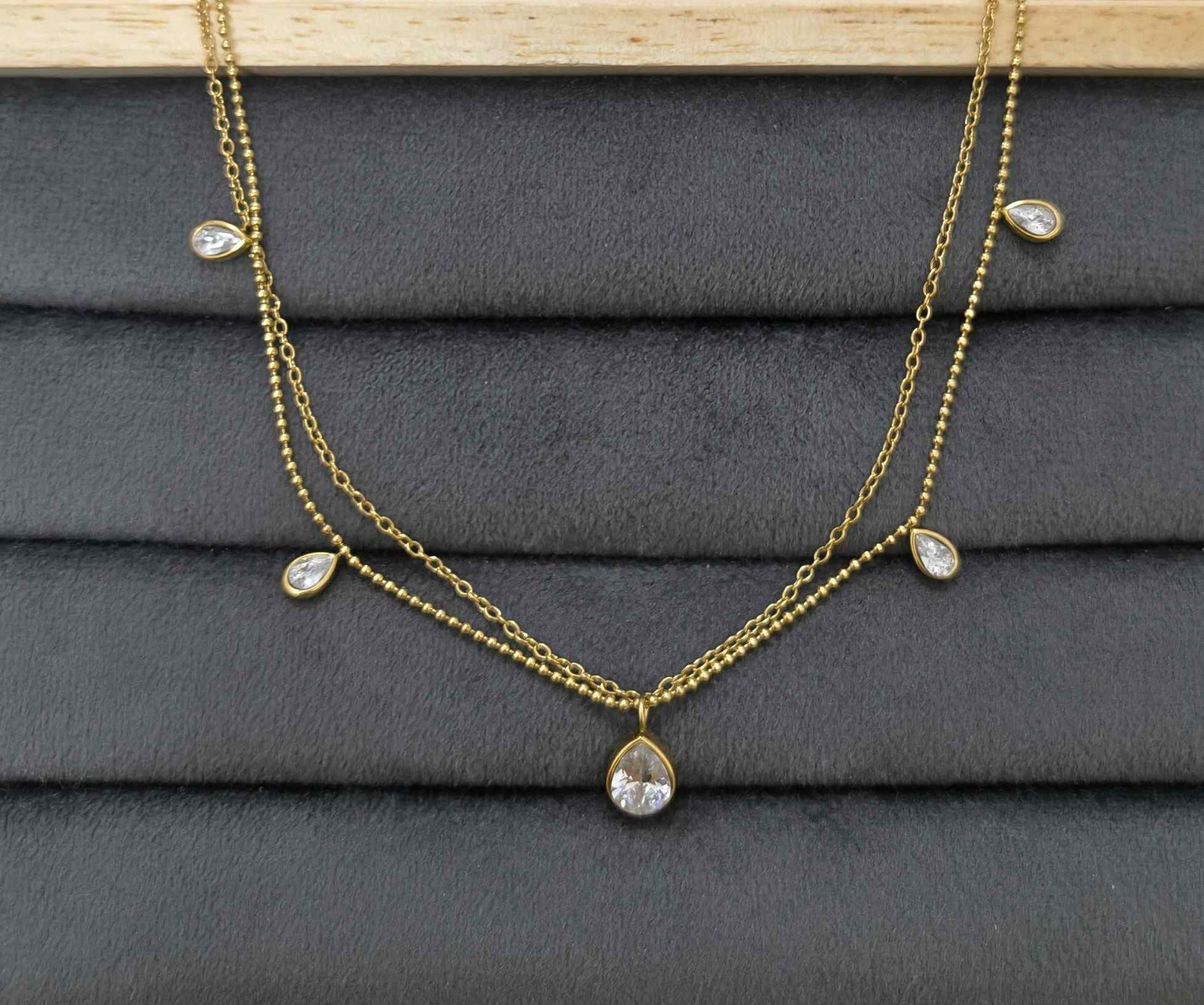 Anti Tarnish Dangling Crystal Charm Necklace 18K Gold Plated