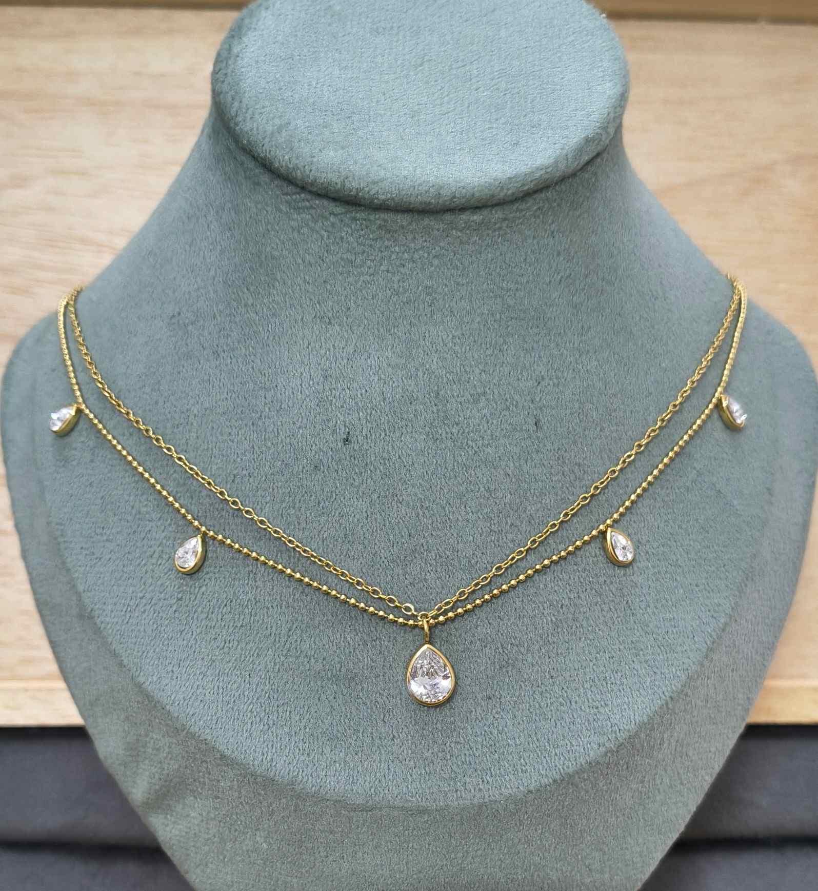 Anti Tarnish Dangling Crystal Charm Necklace 18K Gold Plated