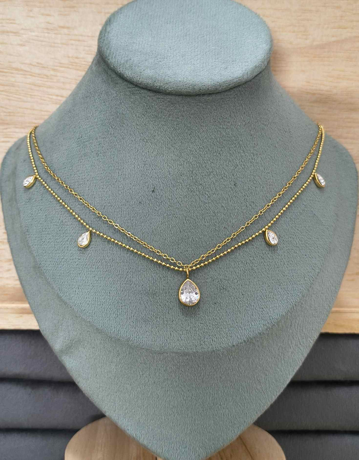 Anti Tarnish Dangling Crystal Charm Necklace 18K Gold Plated