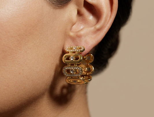 Anti Tarnish Dazzling Link Hoop Earrings 18K Gold Plated