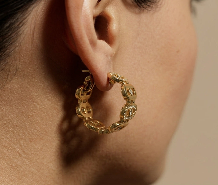 Anti Tarnish Dazzling Link Hoop Earrings 18K Gold Plated