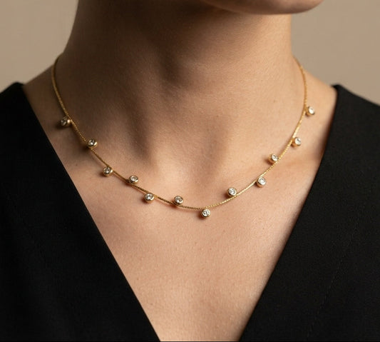 Anti Tarnish Delicate Diamond Charms Necklace 18K Gold Plated