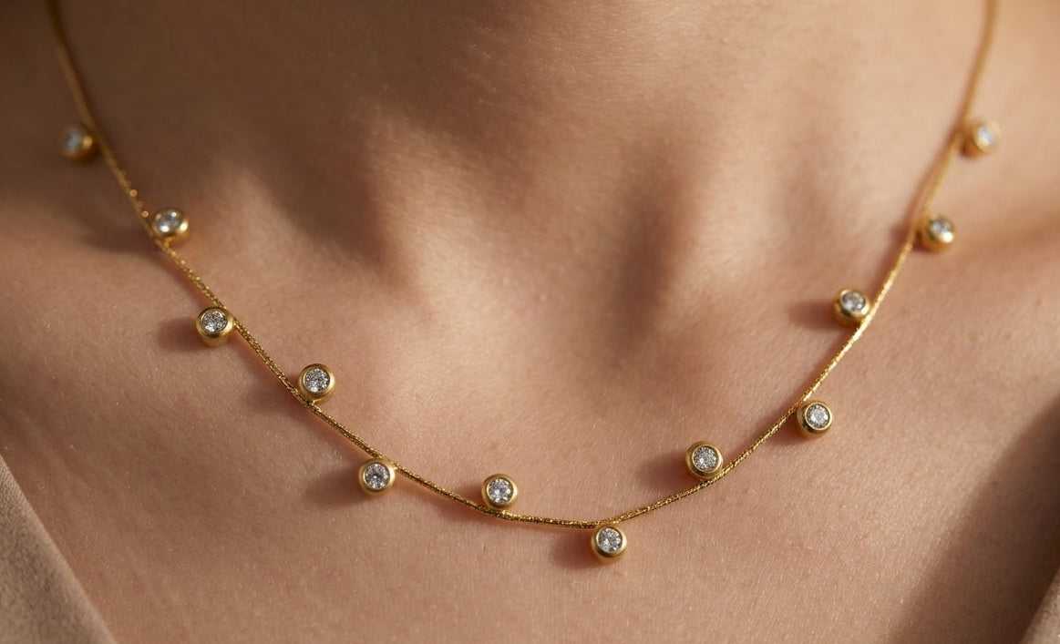 Anti Tarnish Delicate Diamond Charms Necklace 18K Gold Plated