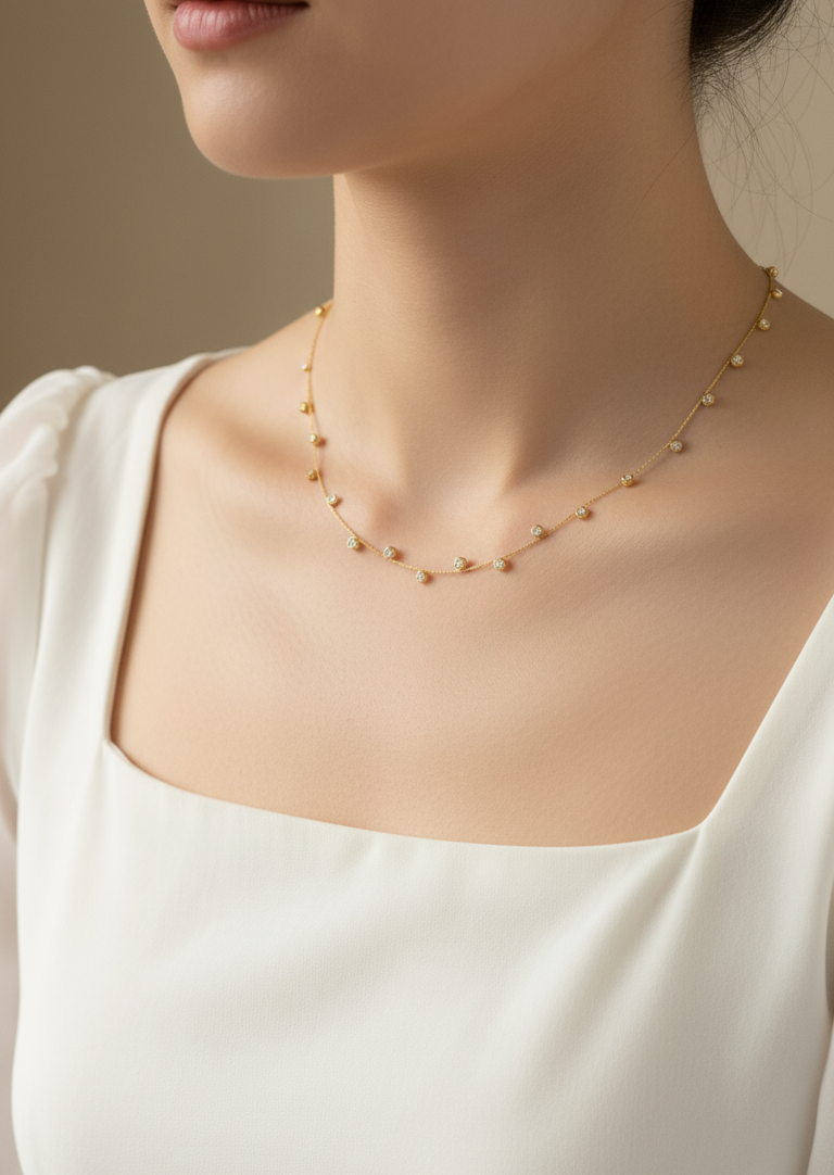 Anti Tarnish Delicate Diamond Charms Necklace 18K Gold Plated