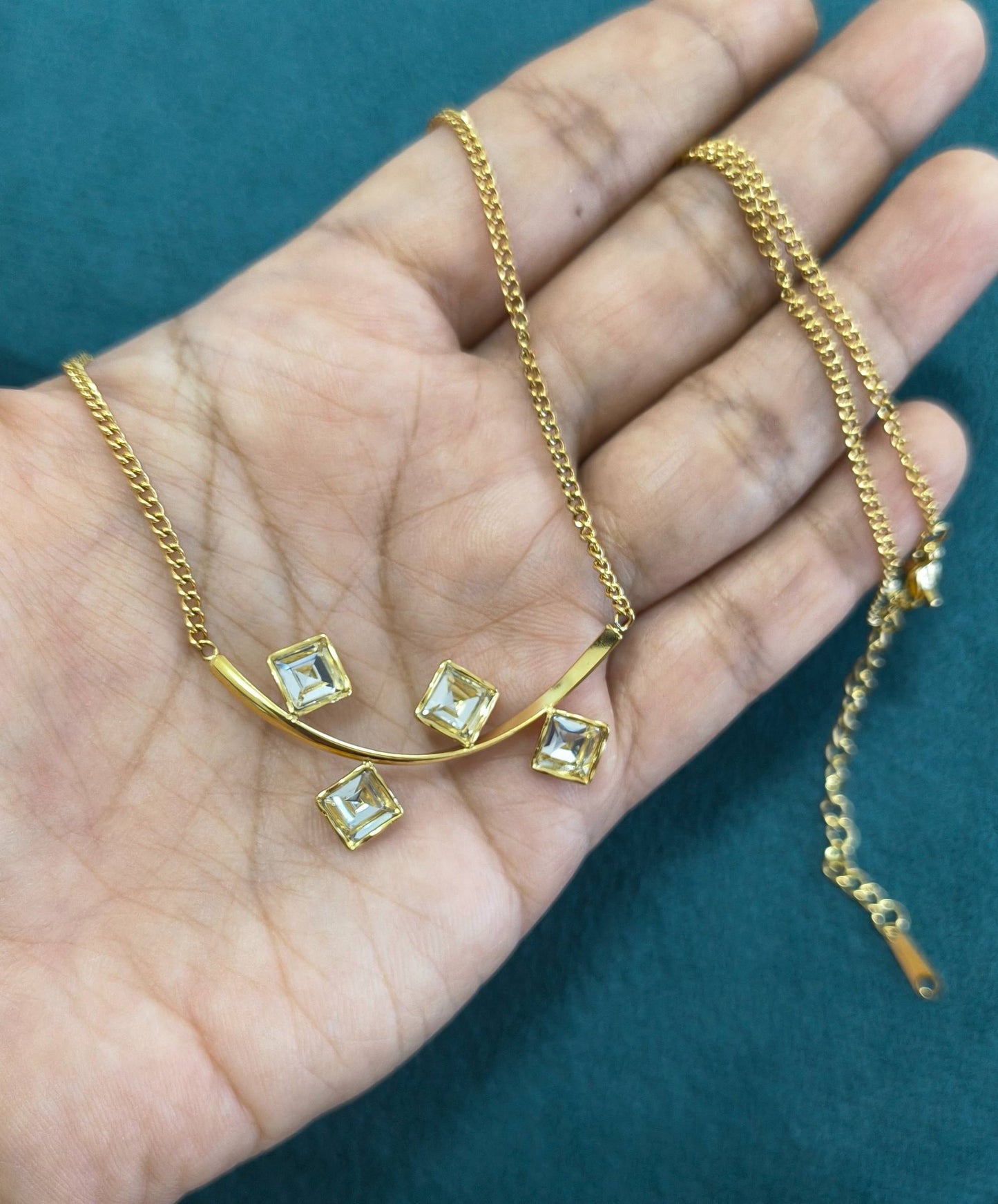 Anti Tarnish Delicate Square Diamond Necklace 18K Gold Plated