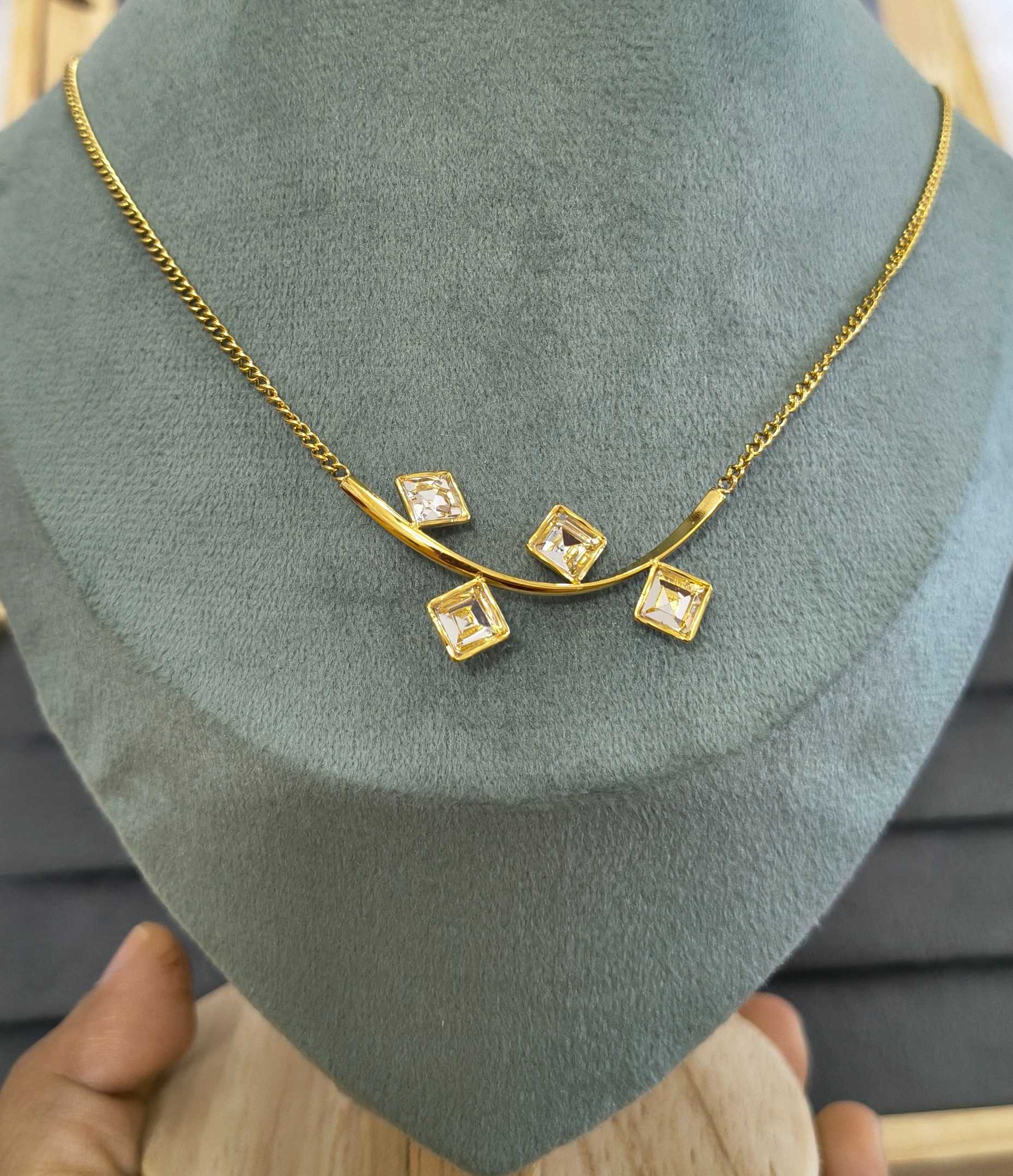 Anti Tarnish Delicate Square Diamond Necklace 18K Gold Plated