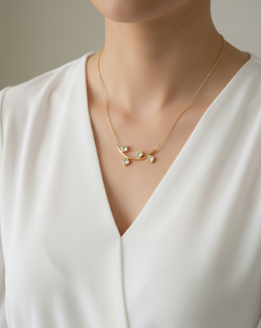 Anti Tarnish Delicate Square Diamond Necklace 18K Gold Plated