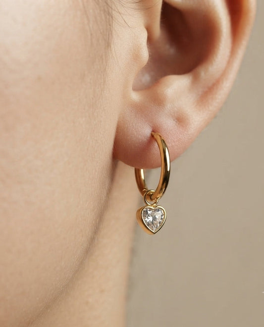 Anti Tarnish Diamond Heart Dangler Earrings 18K Gold Plated