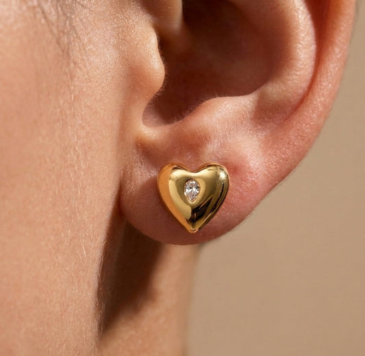 Anti Tarnish Diamond Heart Stud Earrings 18K Gold Plated