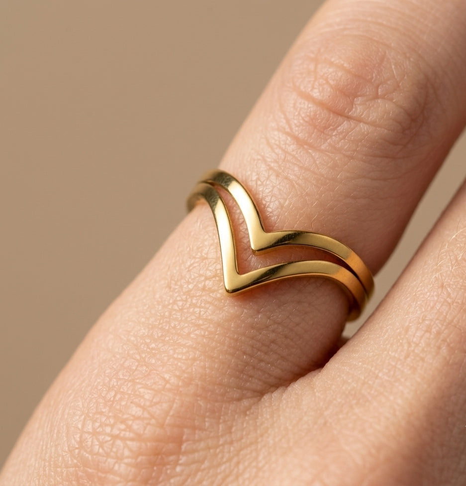 Anti Tarnish Double Band V shape Ring 18K Gold Plated
