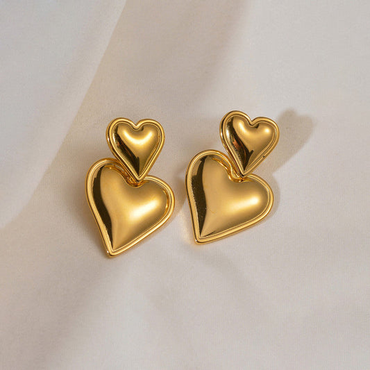 Anti Tarnish Double Heart Earrings 18K Gold Plated