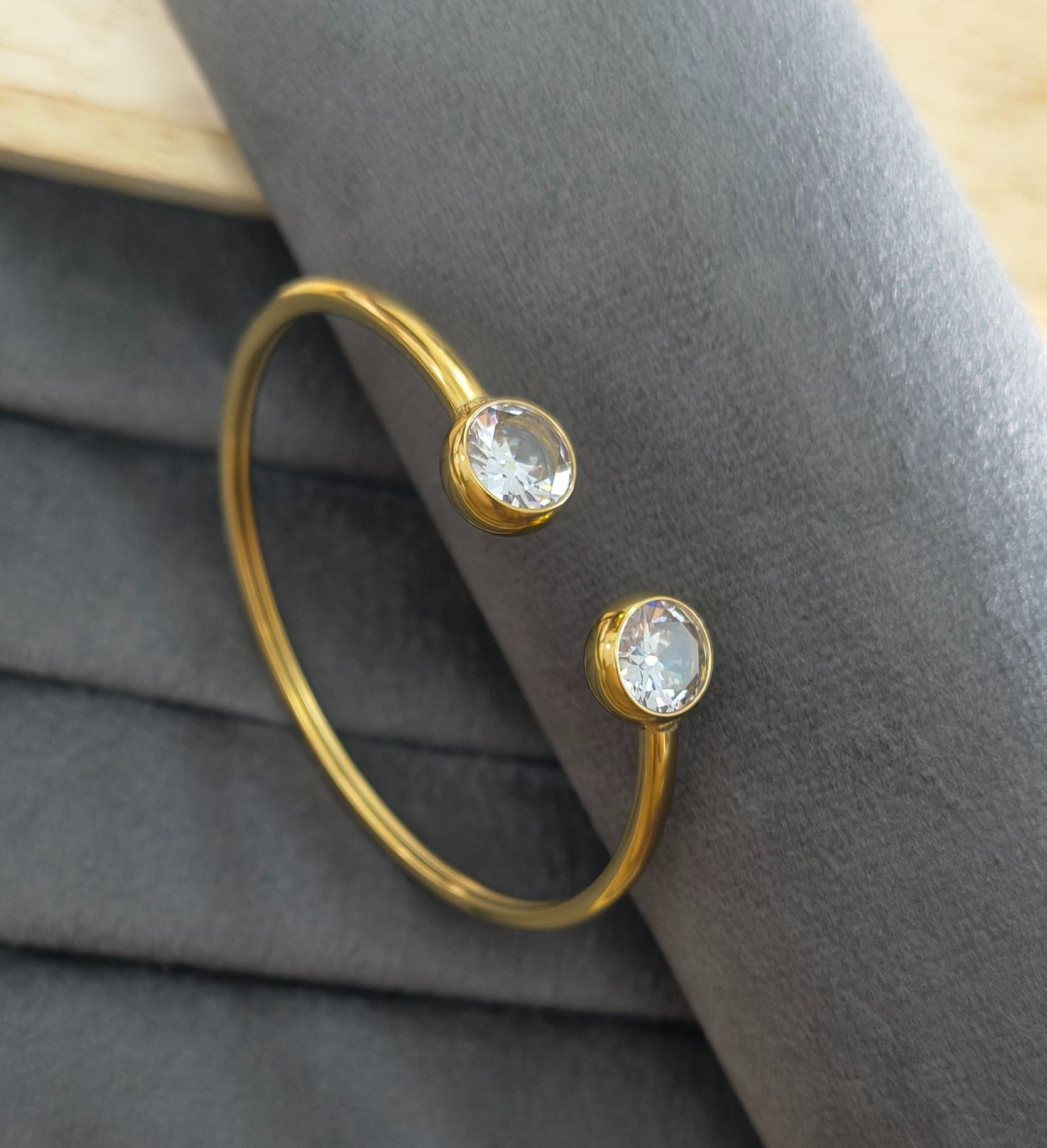 Anti Tarnish Dual-Stone Cuff Bracelet 18K Gold Plated