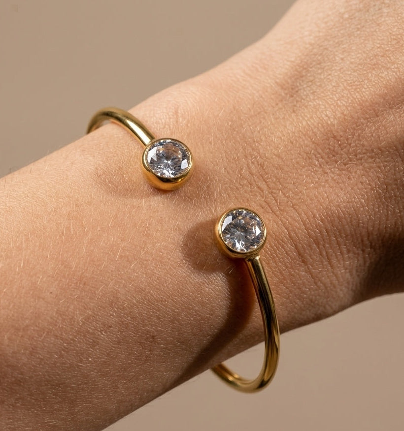 Anti Tarnish Dual-Stone Cuff Bracelet 18K Gold Plated