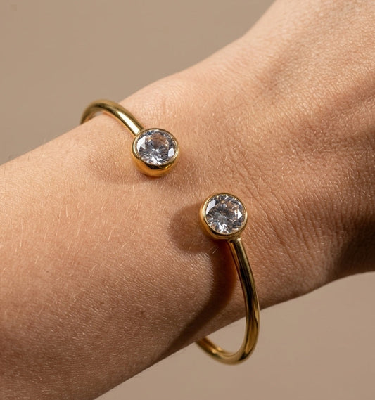 Anti Tarnish Dual-Stone Cuff Bracelet 18K Gold Plated