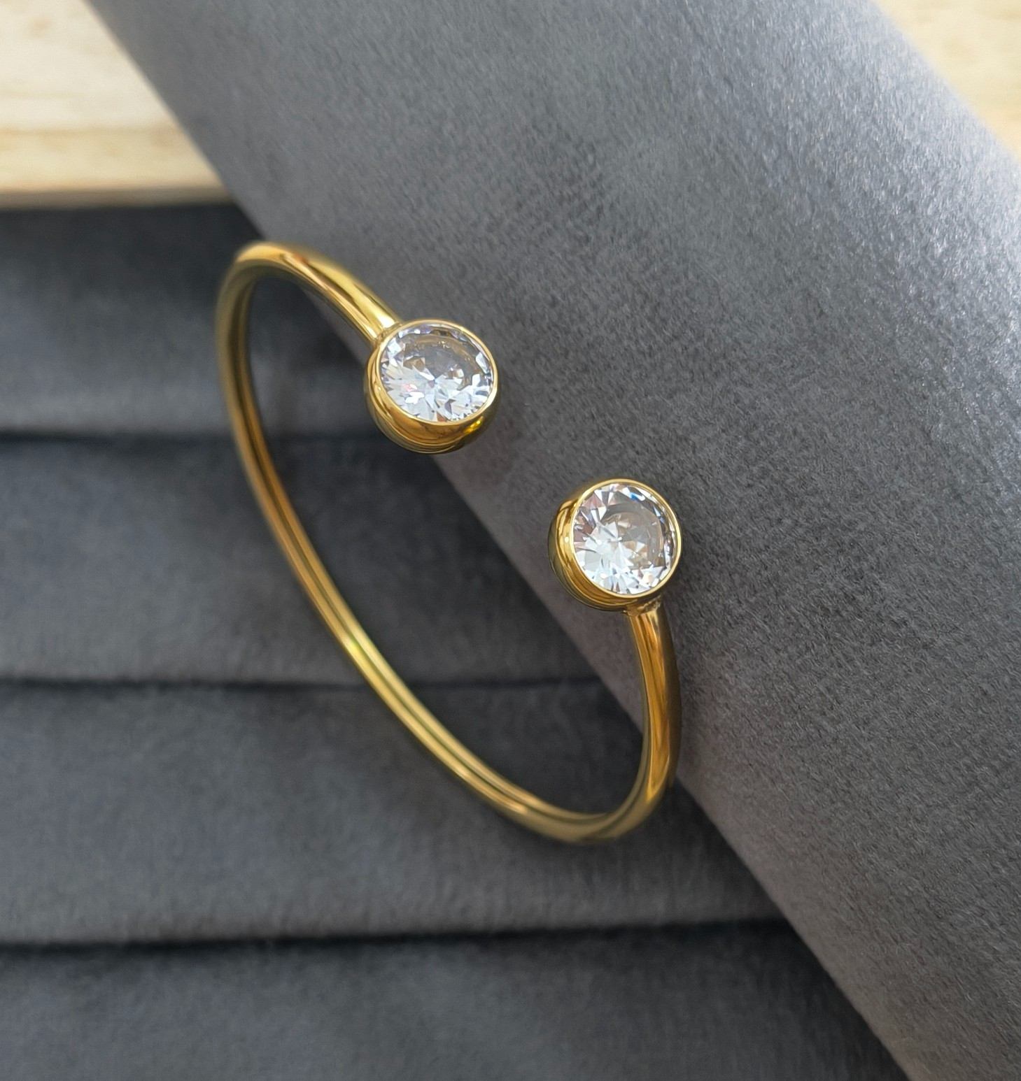 Anti Tarnish Dual-Stone Cuff Bracelet 18K Gold Plated
