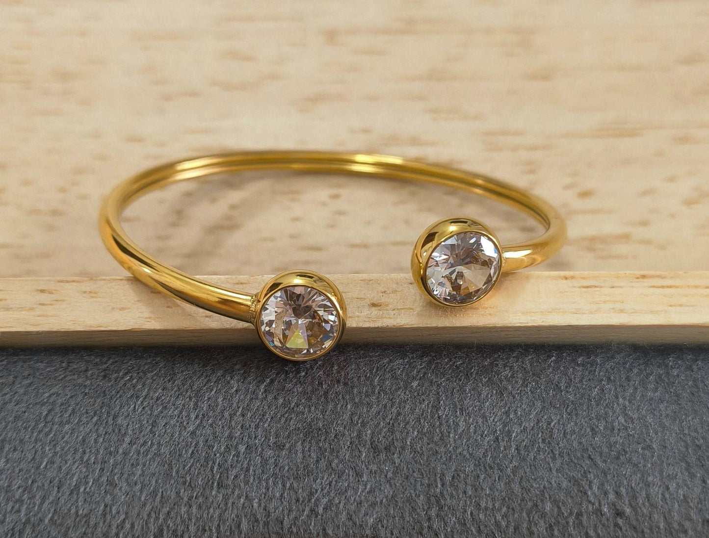 Anti Tarnish Dual-Stone Cuff Bracelet 18K Gold Plated