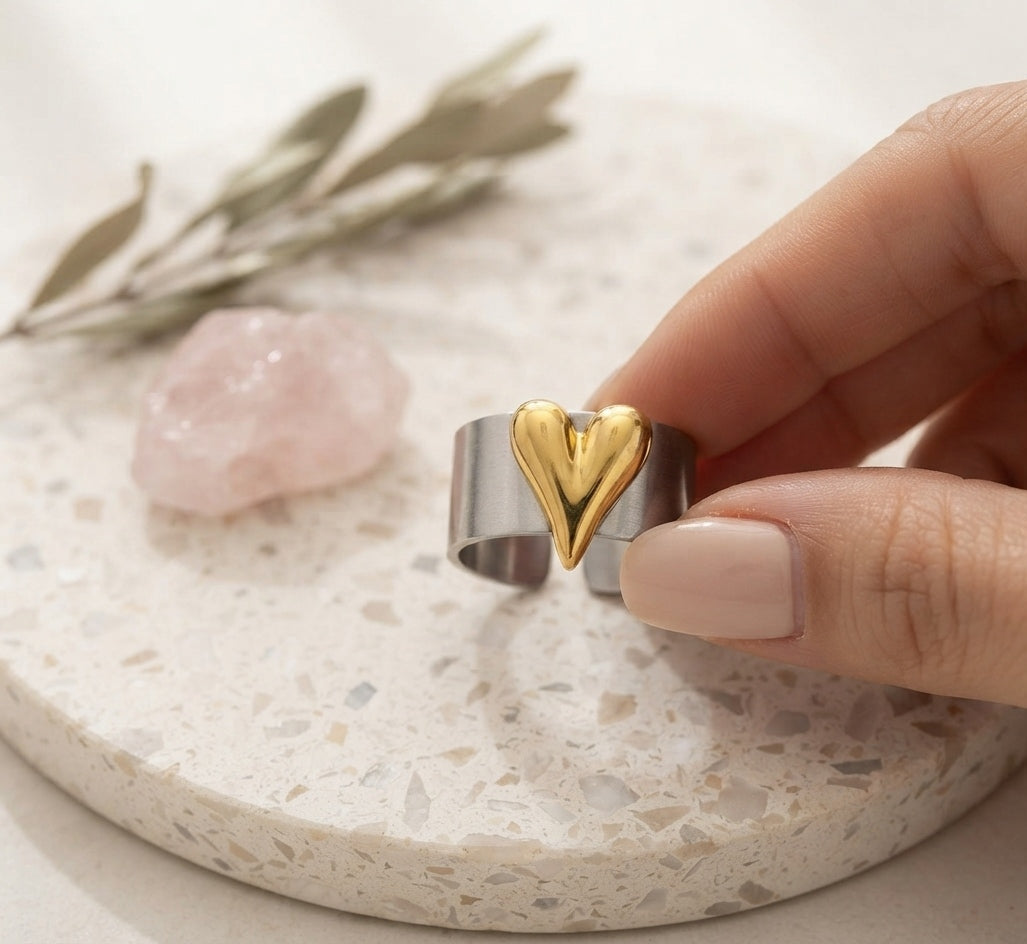 Anti Tarnish Dual Tone Bold Heart Ring 18K Gold Plated
