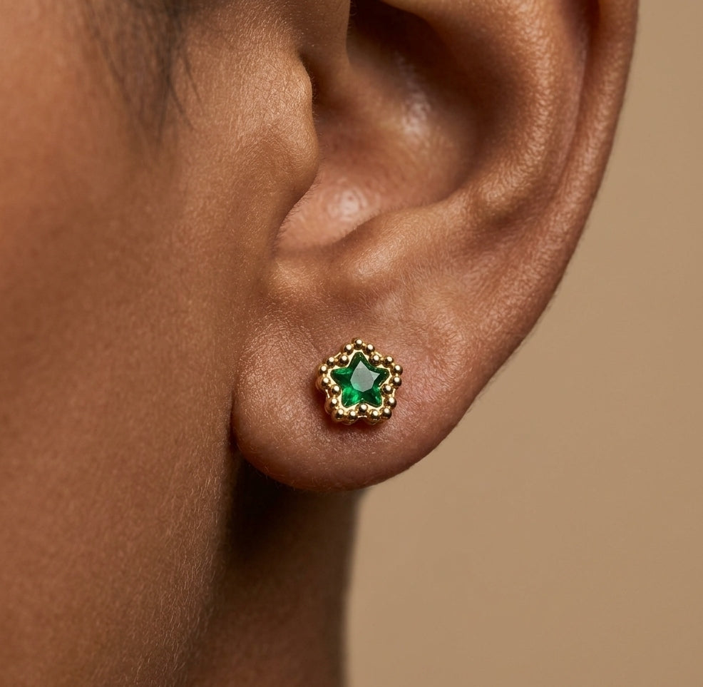 Anti Tarnish Earring Green Star Diamond Stud 18K Gold Plated