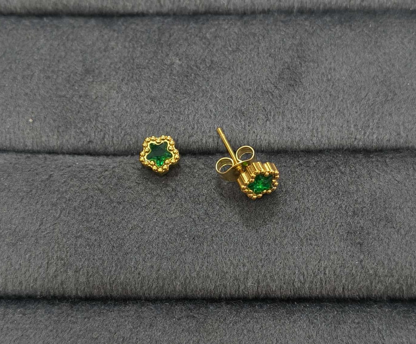 Anti Tarnish Earring Green Star Diamond Stud 18K Gold Plated