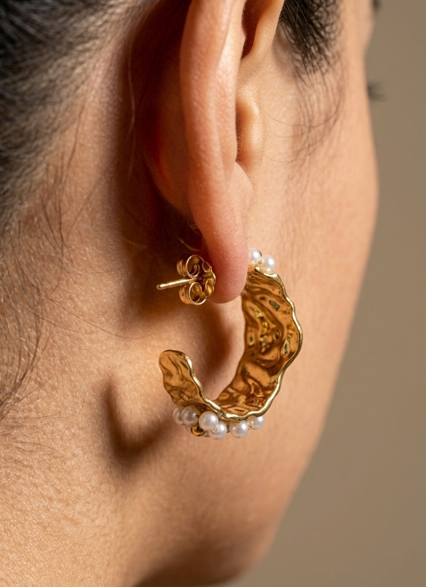 Anti Tarnish Earring Pearl Curved Studs 18K Gold Plated